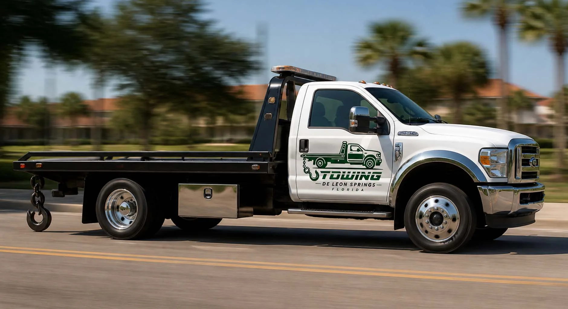 Towing in De Leon Springs, FL Tow truck on a local road near De Leon Springs